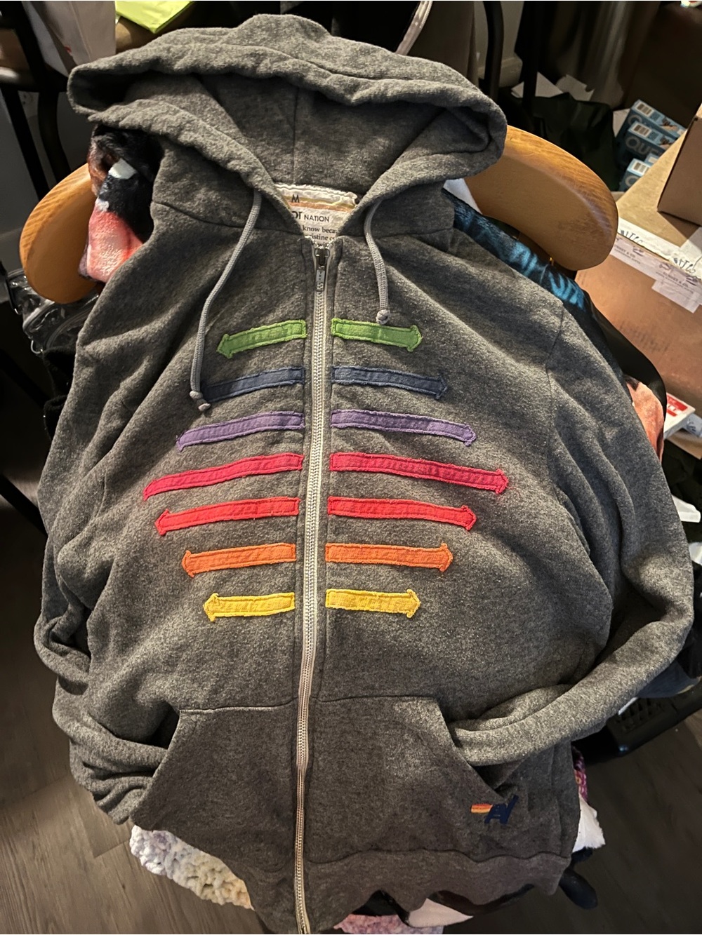 Aviator Nation Charcoal Gray Zip Up Hoodie with Rainbow Accents M Cute Unique - Picture 1 of 7